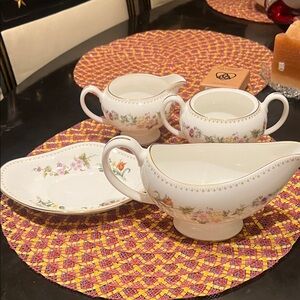 Porcelain Floral Gravy Boat & Serving Set in White with Pink and Green Accents